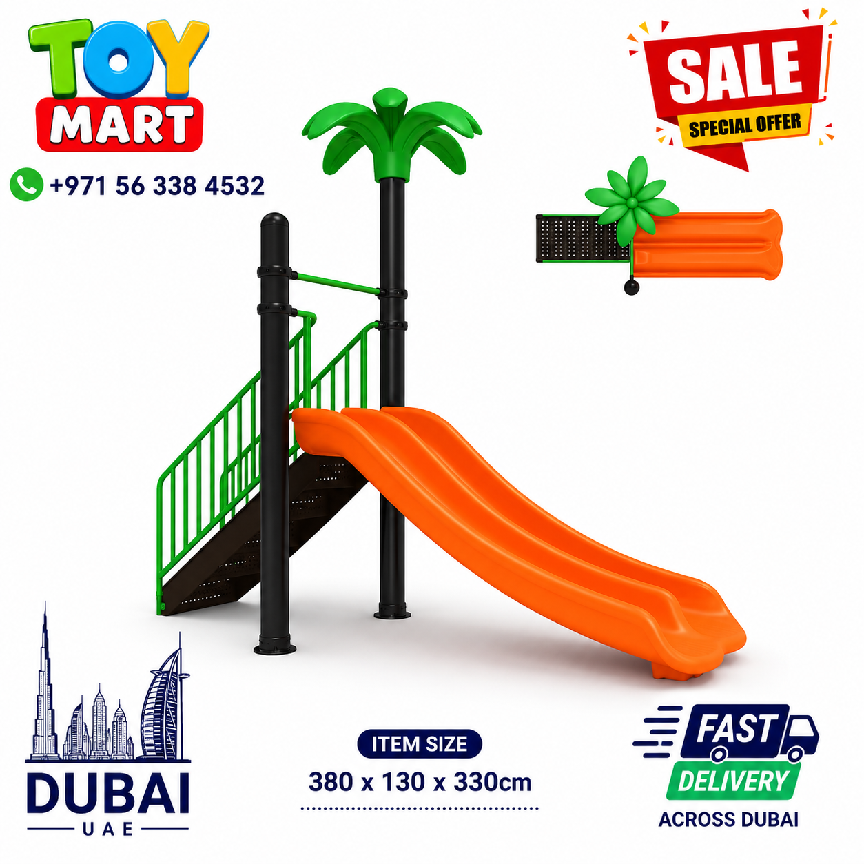 file_000000001894722f8335df36680f02ab Kids Tropical Palm Tree Playground Slide – Orange & Green (380 x 130 x 330cm) - Image 1