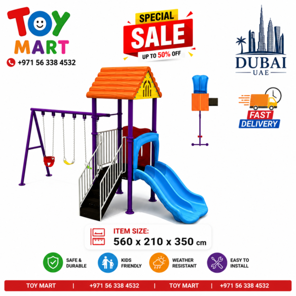 Toy Mart Deluxe Outdoor Playground Set – Slide, Swings, and Playhouse (560x210x350 cm)