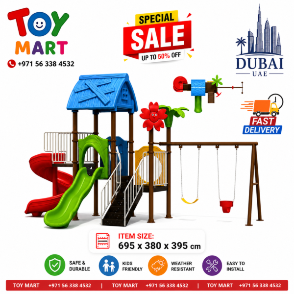 Toy Mart Deluxe Outdoor Playground Playset with Double Slides & Swings (695 x 380 x 395 cm)